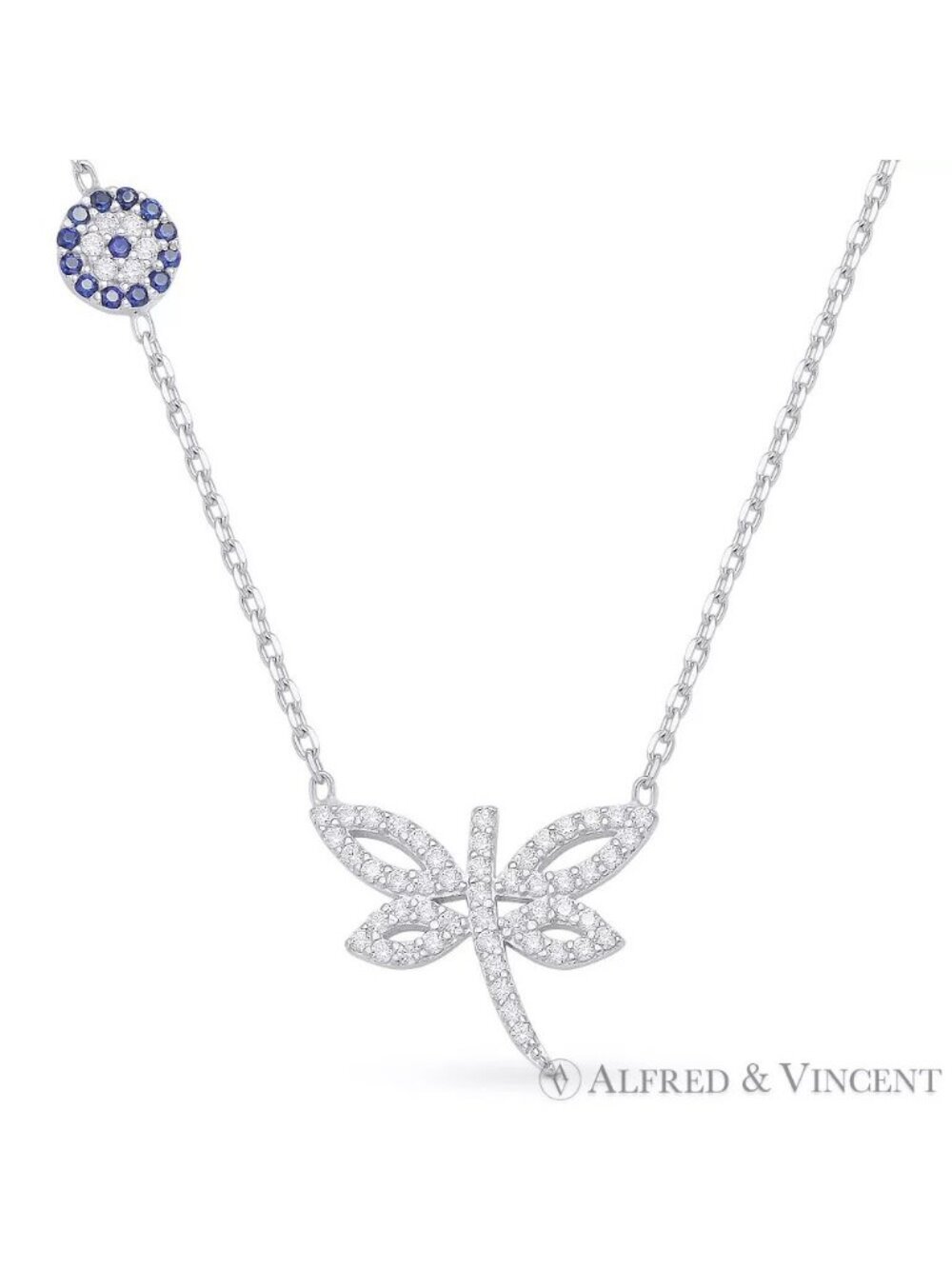 Dragonfly & Evil Eye Charm Necklace with CZ Crystals in .925 Sterling Silver